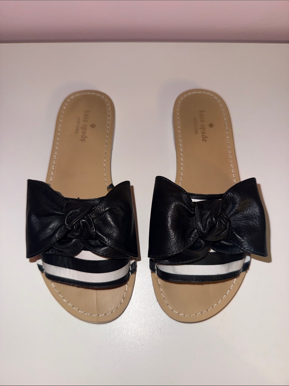 kate spade Black Bow Slide Sandals with White Stripe